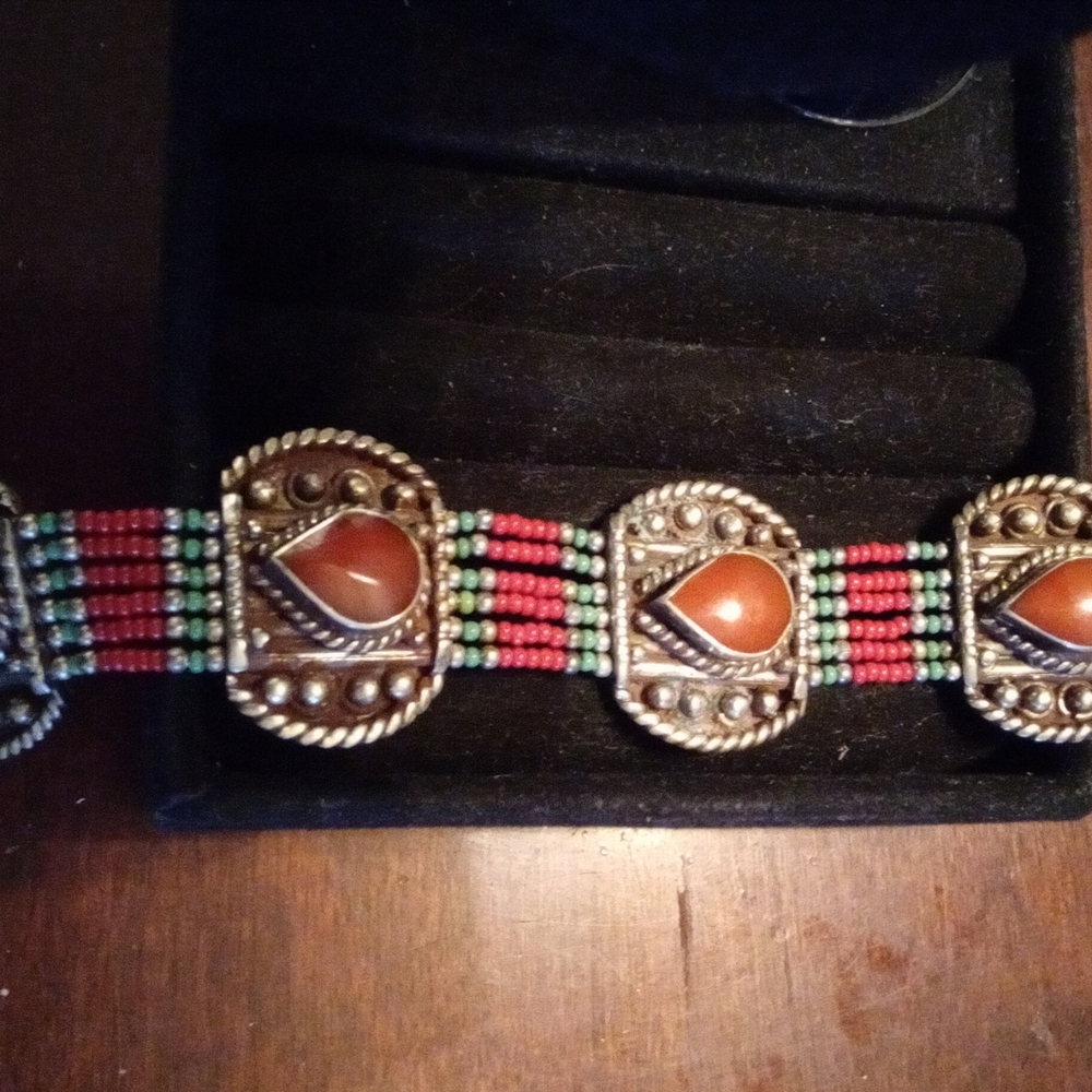 Bohemian‎ Beaded Gemstone Bracelet Silver Tone Red Green Beads Statement